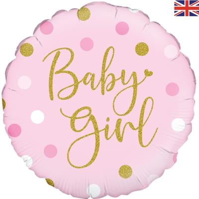 18” Standard Baby Girl Helium Foil Balloon - Pink & Gold Spots Design