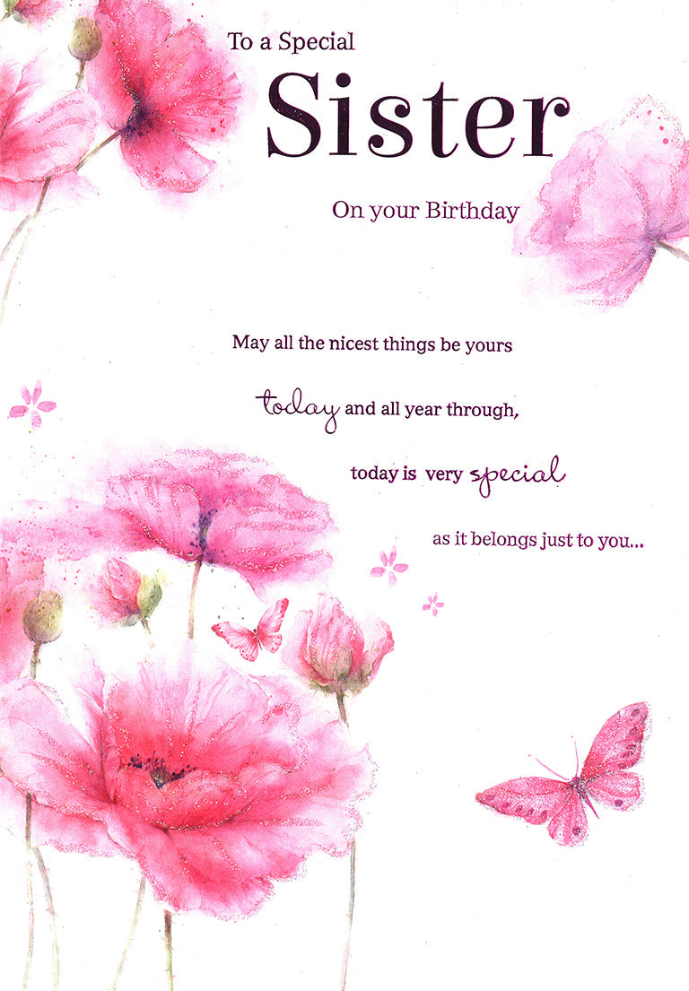 Sister Birthday Card - Flowers & Butterfly Design