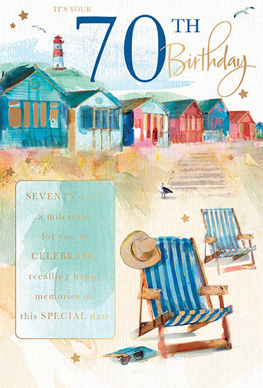 Male 70 Birthday Card - Contemporary Seaside Design