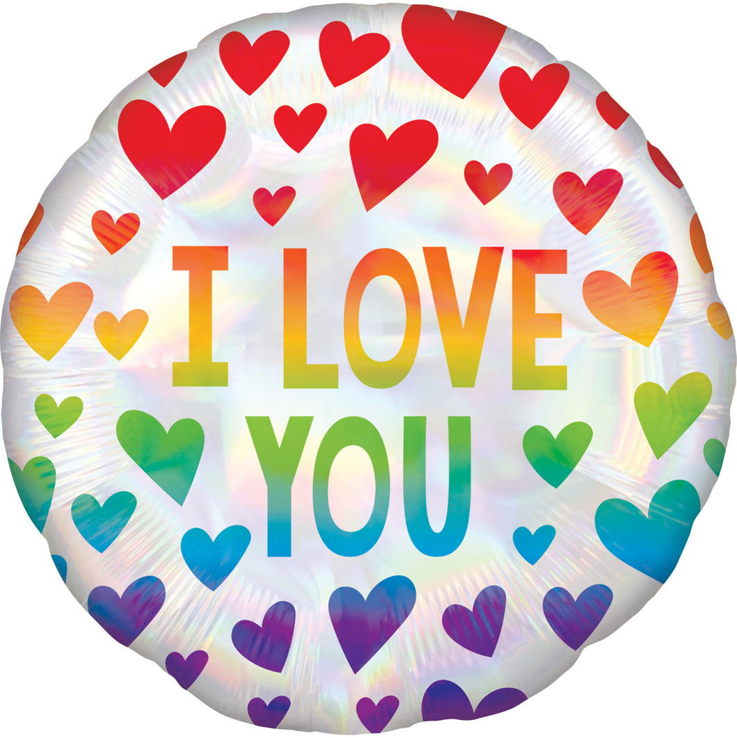 18” Standard I Love You Round Helium Foil Balloon - Rainbow Hearts Design