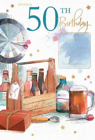 Male 50 Birthday Card - Contemporary Beer Design