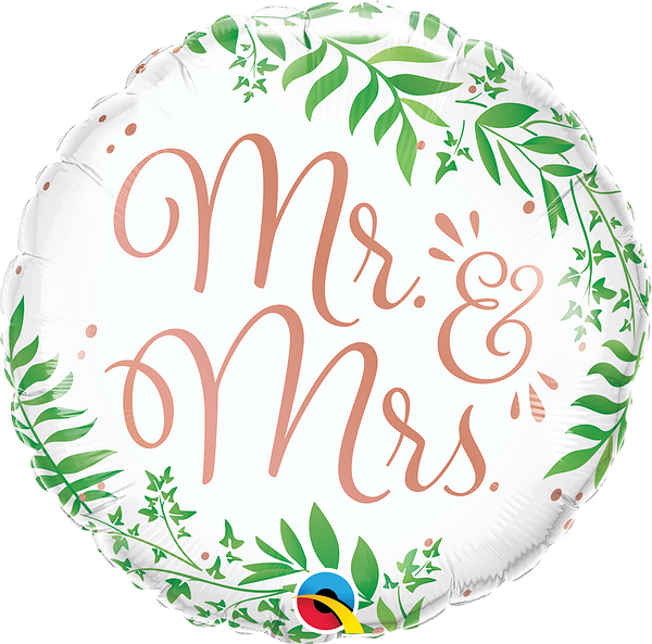 18” Standard Wedding Helium Foil Balloon - Mr & Mrs Rose Gold & Greenery  Design