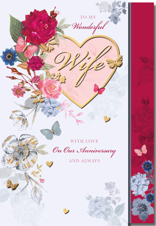 Wife Anniversary Card - Classic Hearts & Flowers Design