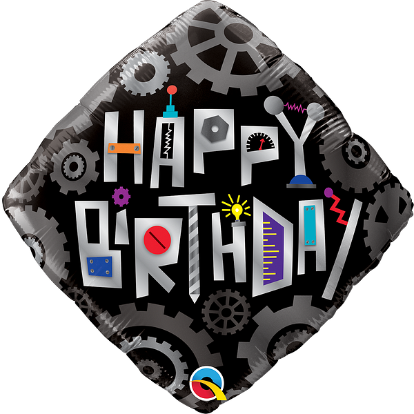 Robot Cogwheels Happy Birthday Standard 18” Diamond Foil Helium Balloon