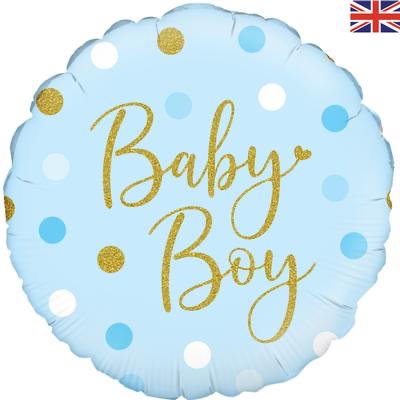 18” Standard Baby Boy Helium Foil Balloon - Blue & Gold Spots Design