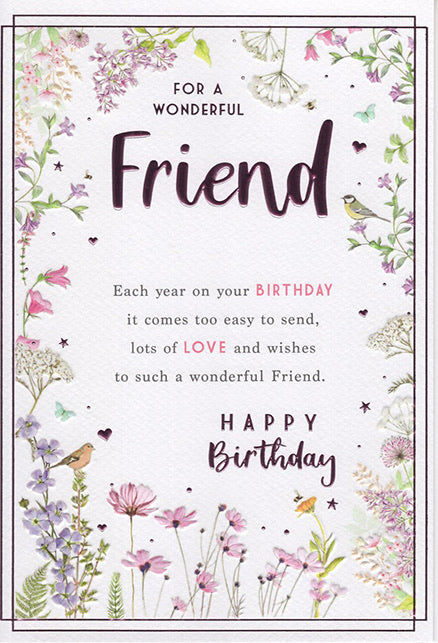 Friend Birthday Card - Flowers & Birds Design