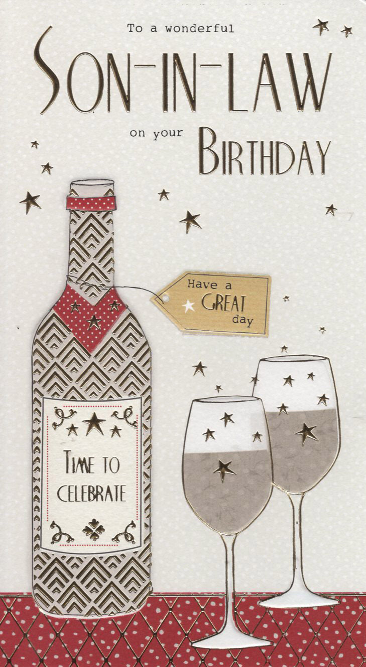 Son in Law Birthday Card - Wine Bottle & Glasses Design